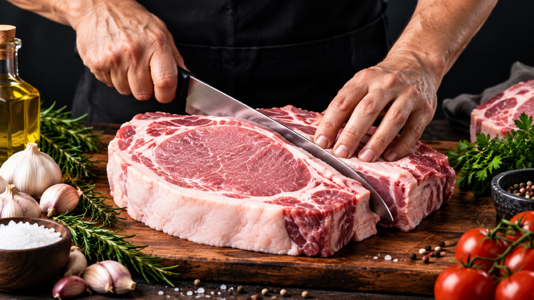 A butcher portioning a bone-in pork loin on a wooden block